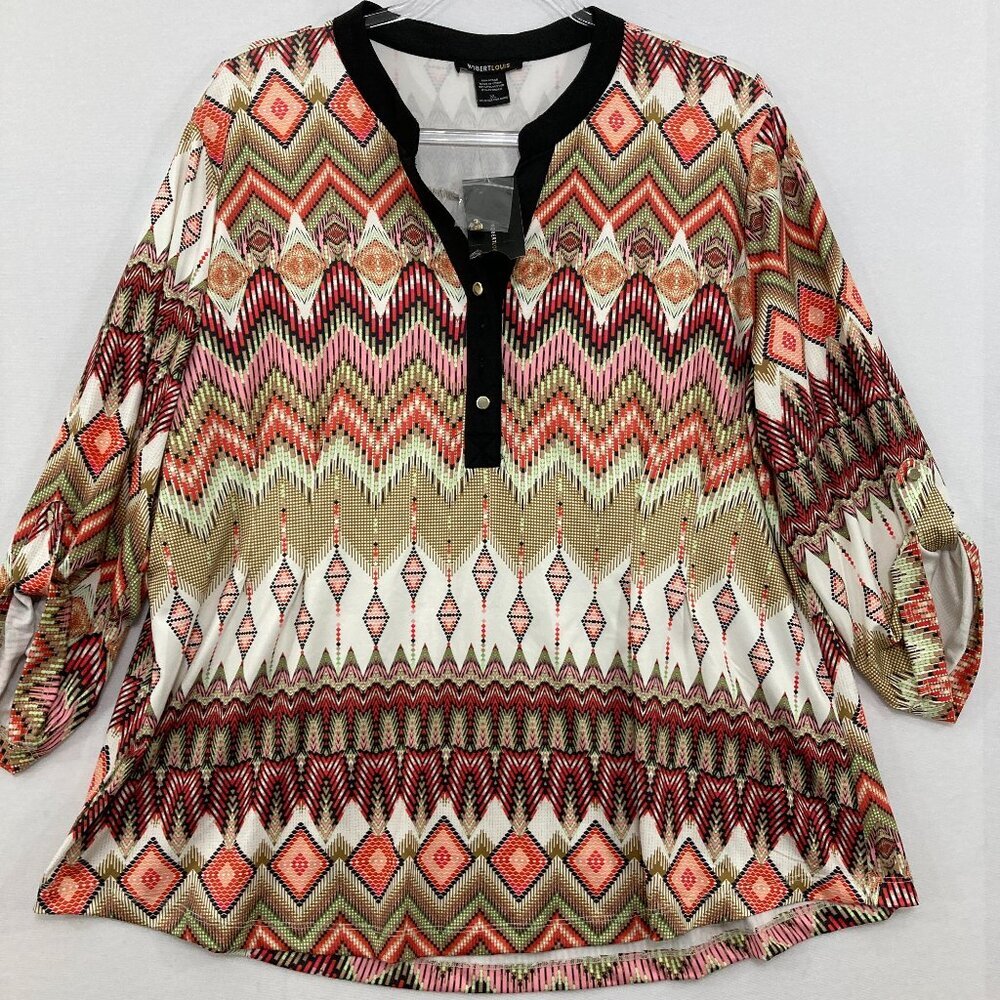 New Robert Louis size XL Multi Color Boho Chevron Stretch Knit Popover‎ Blouse
